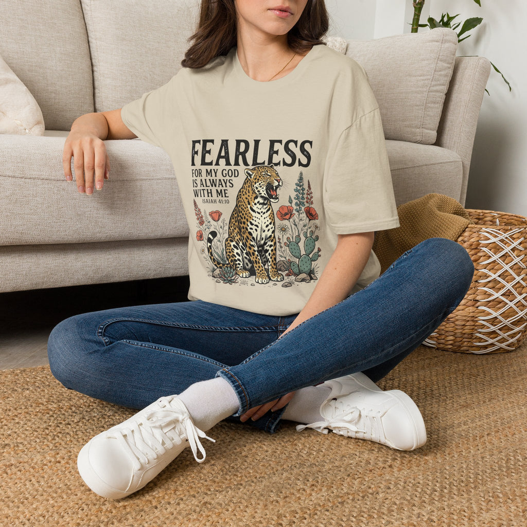 Fearless Leopard Christian T-Shirt — "Fearless for My God is Always With Me" (Isaiah 41:10)