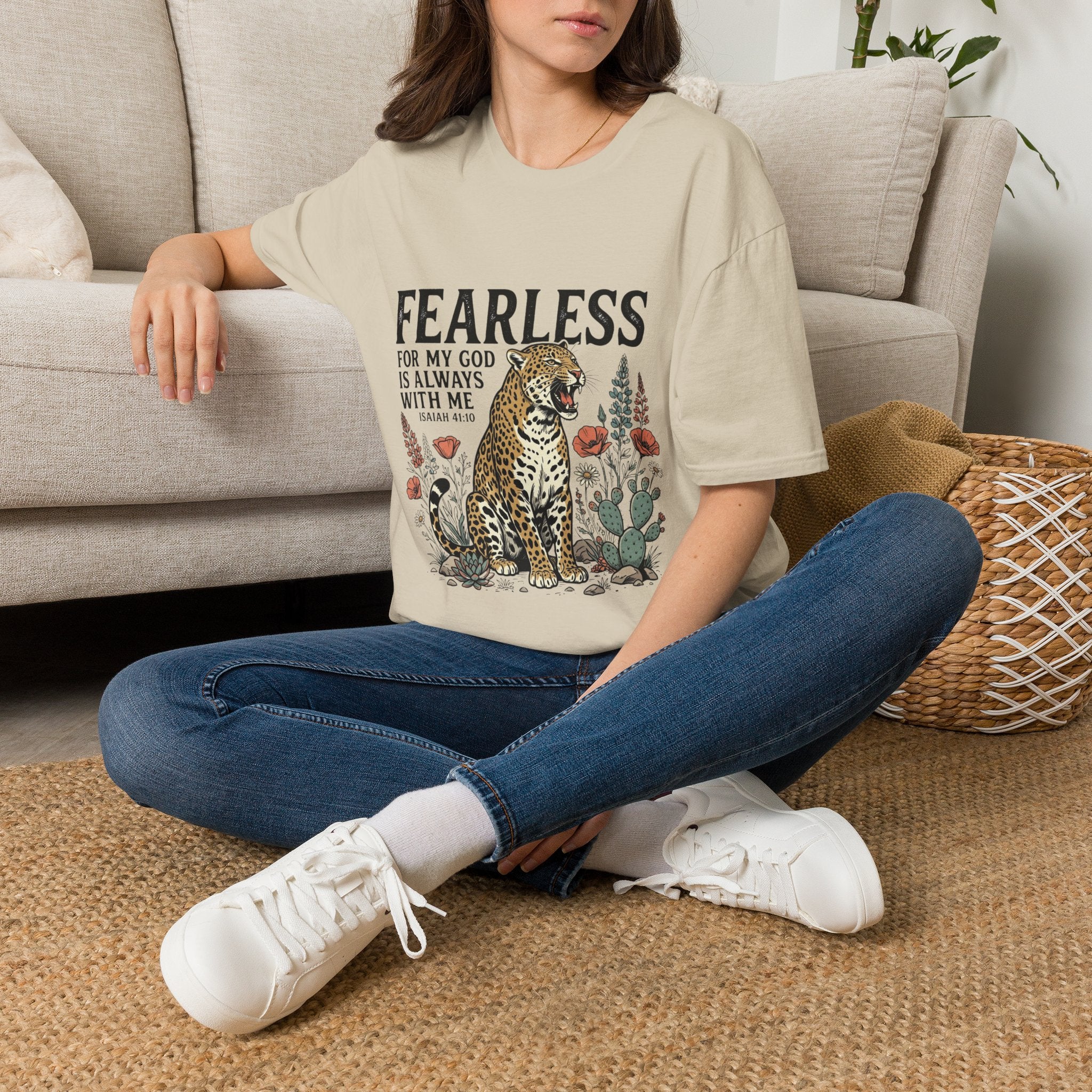 Fearless Leopard Christian T-Shirt — "Fearless for My God is Always With Me" (Isaiah 41:10)
