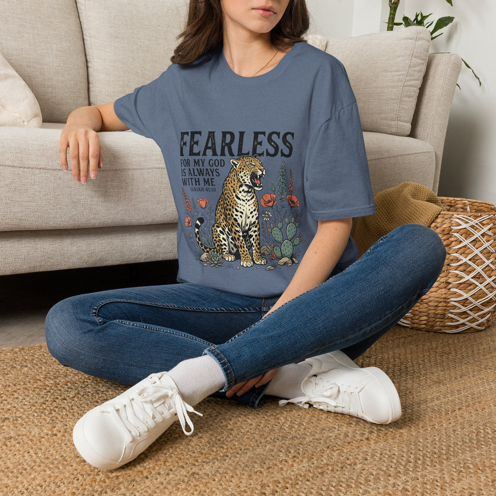 Fearless Leopard Christian T-Shirt — "Fearless for My God is Always With Me" (Isaiah 41:10)