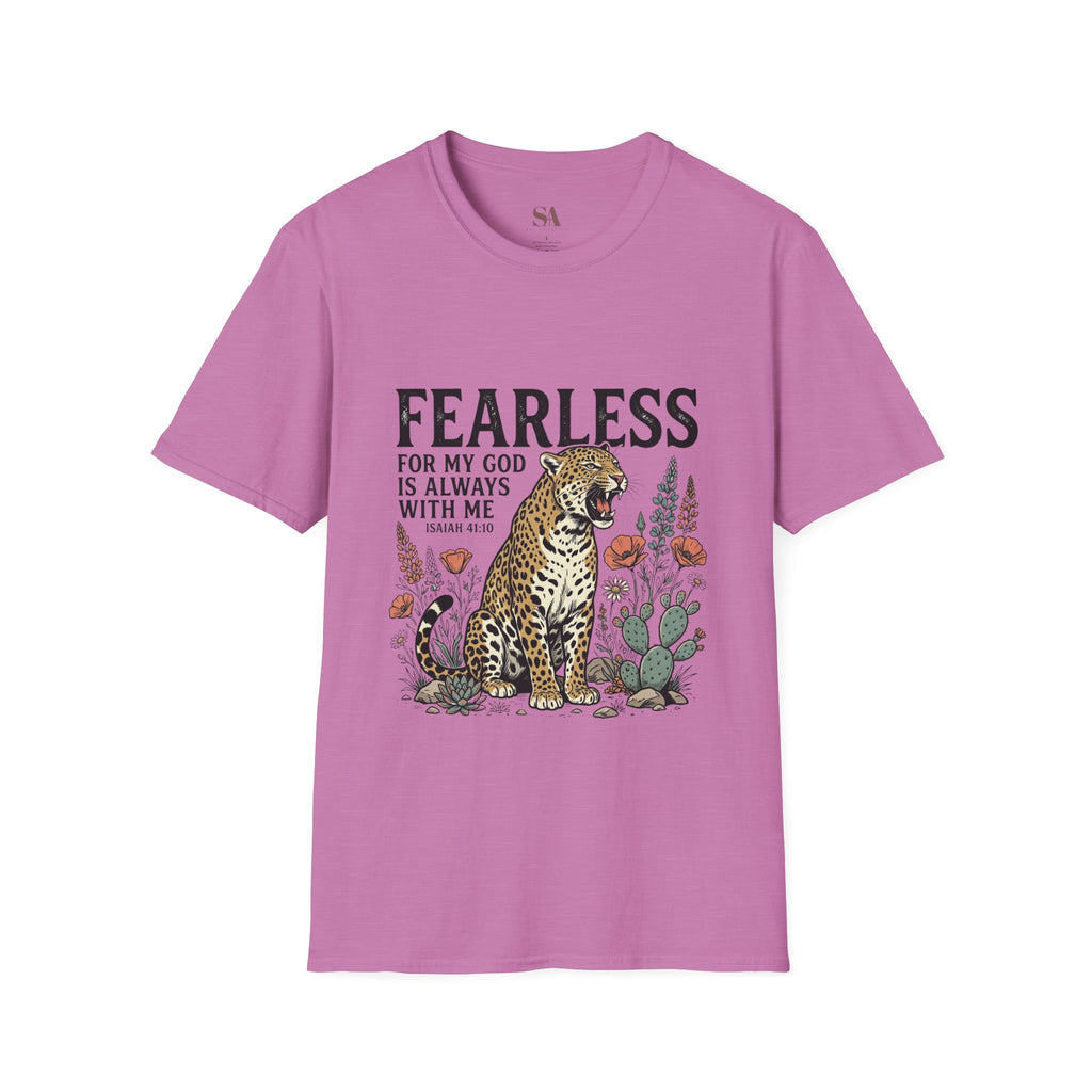 Fearless Leopard Christian T-Shirt — "Fearless for My God is Always With Me" (Isaiah 41:10)