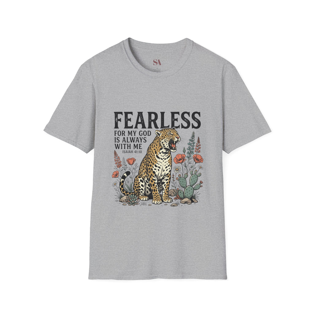 Fearless Leopard Christian T-Shirt — "Fearless for My God is Always With Me" (Isaiah 41:10)