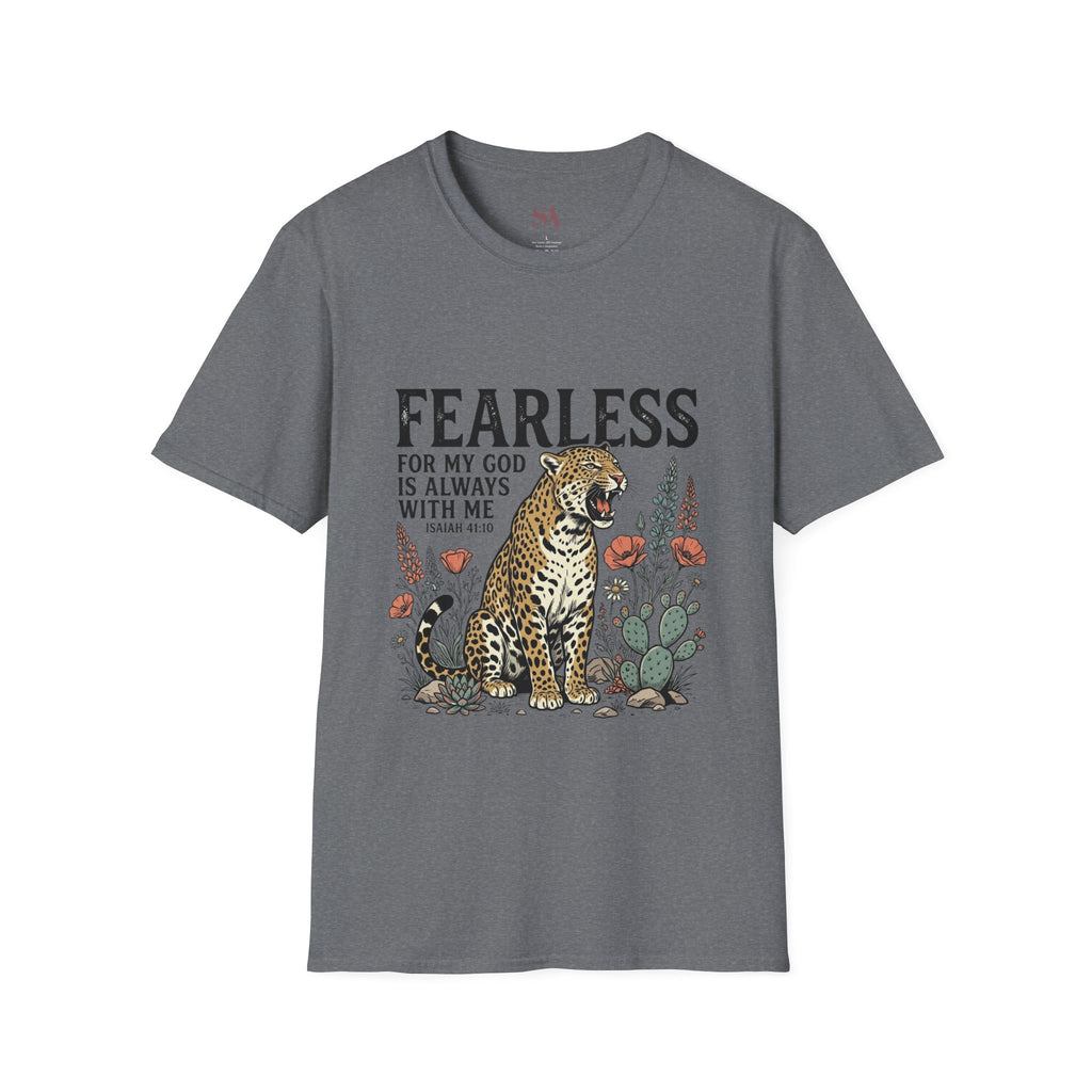 Fearless Leopard Christian T-Shirt — "Fearless for My God is Always With Me" (Isaiah 41:10)