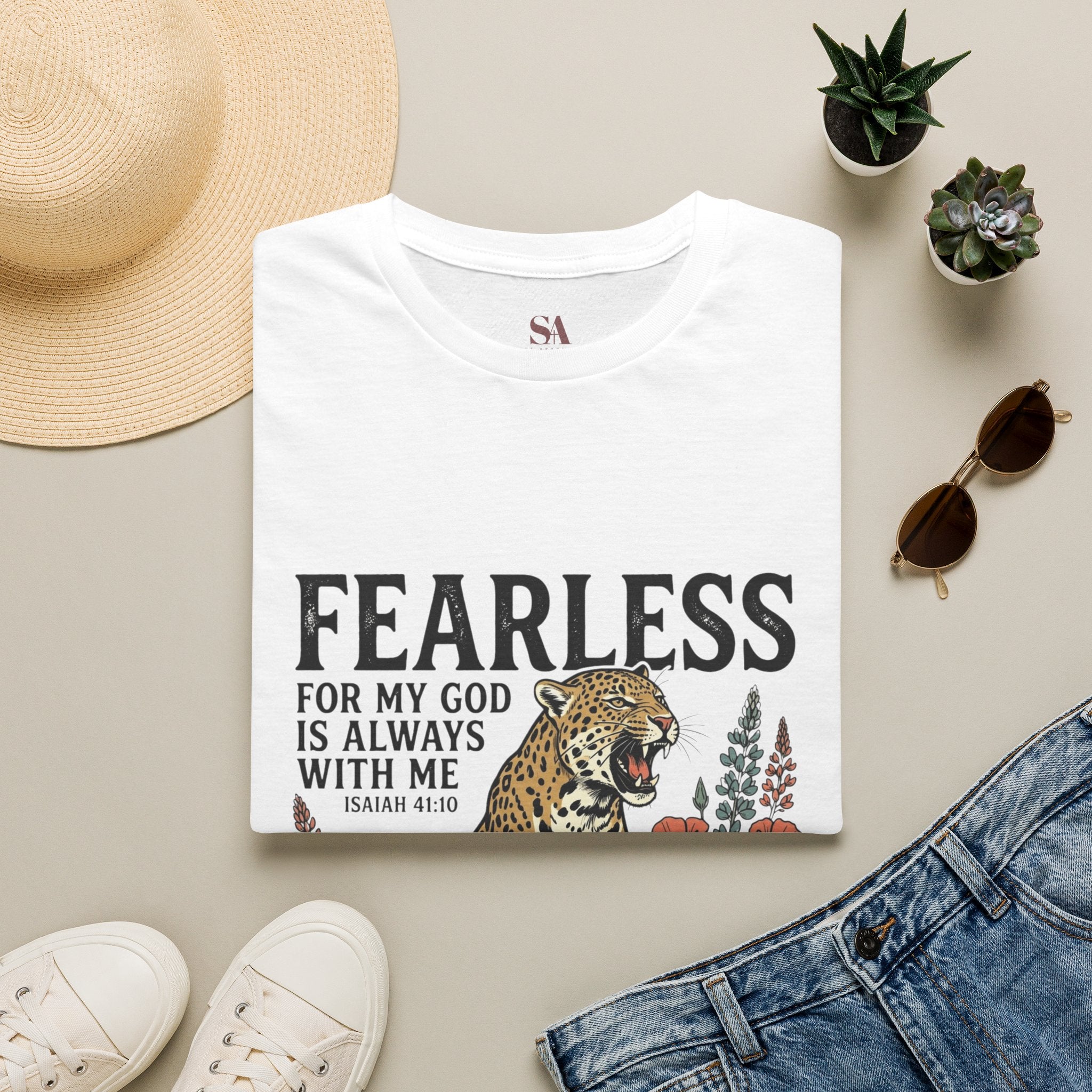 Fearless Leopard Christian T-Shirt — "Fearless for My God is Always With Me" (Isaiah 41:10)