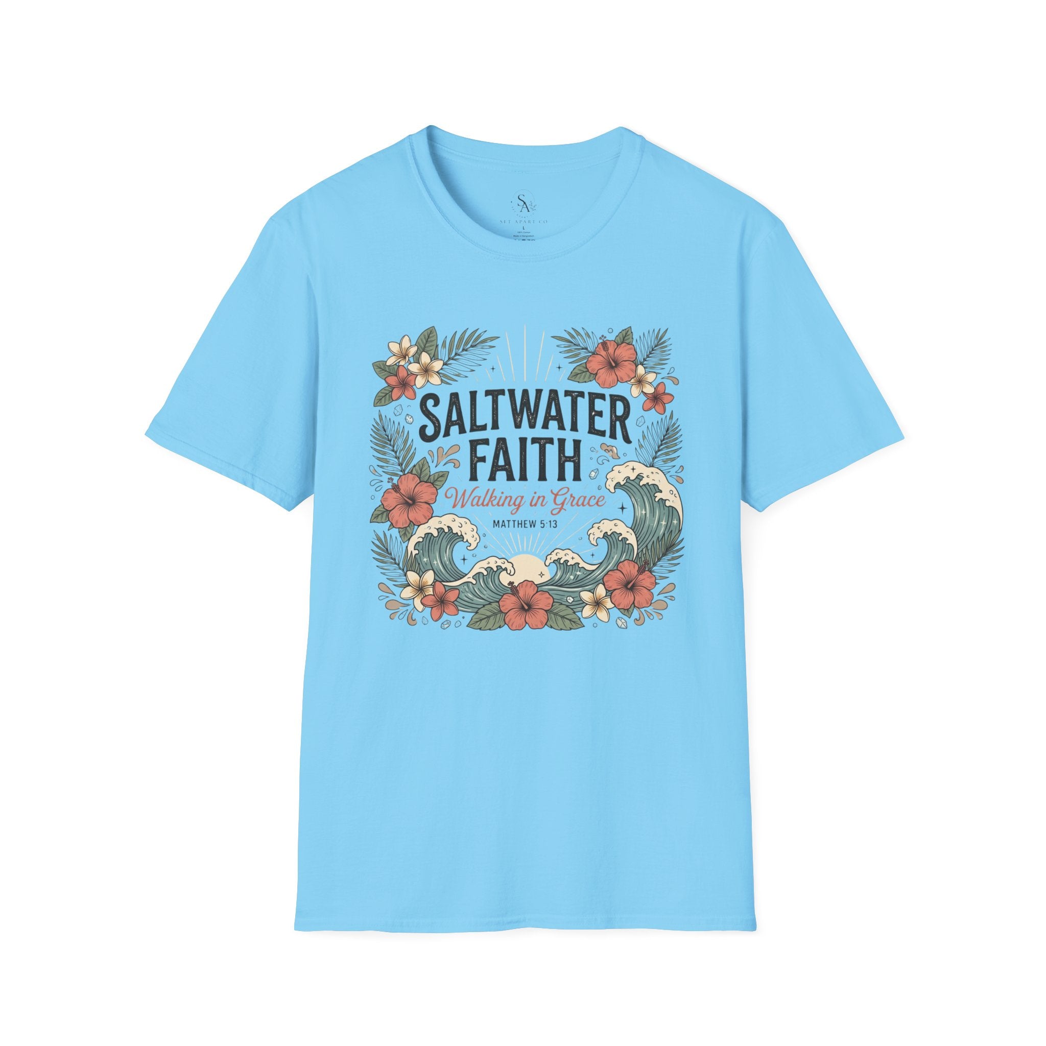 Saltwater Faith T-Shirt — Floral Coastal Christian Tee (Walking in Grace)