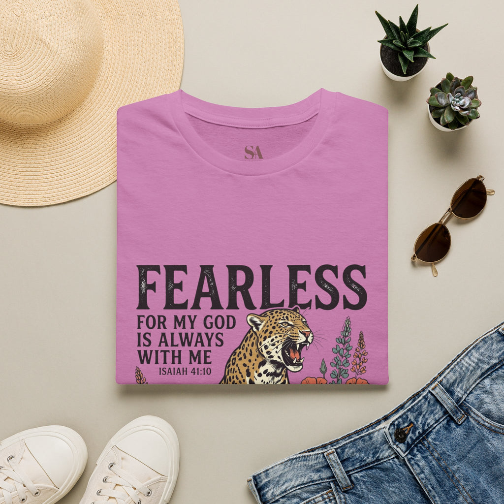 Fearless Leopard Christian T-Shirt — "Fearless for My God is Always With Me" (Isaiah 41:10)
