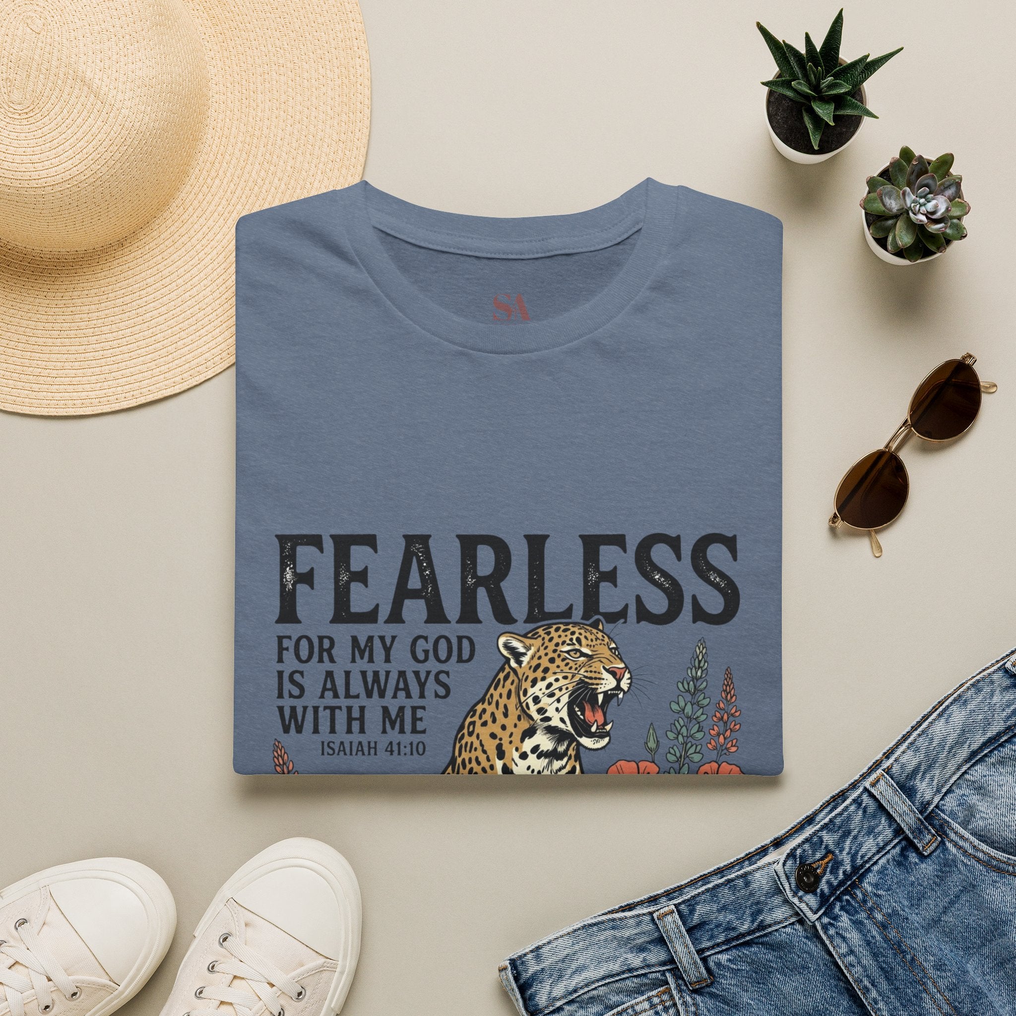 Fearless Leopard Christian T-Shirt — "Fearless for My God is Always With Me" (Isaiah 41:10)