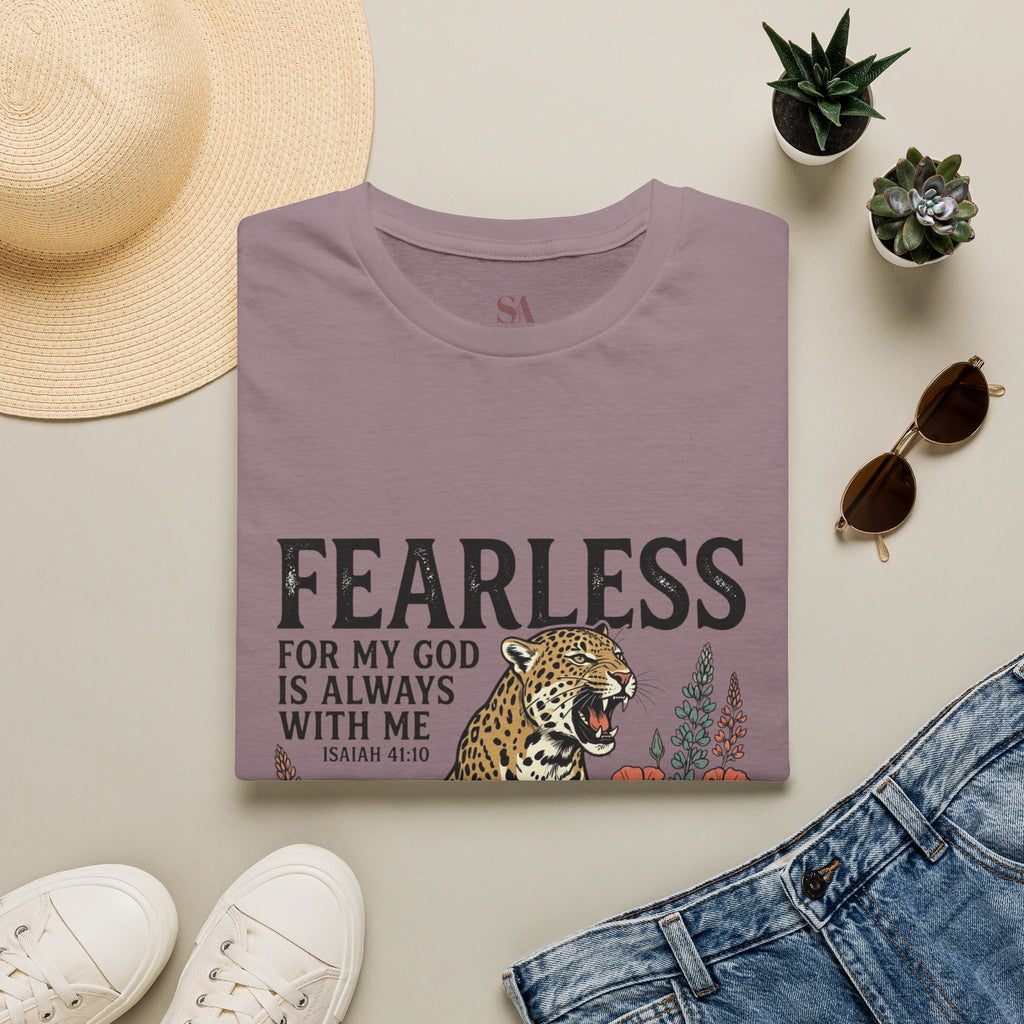 Fearless Leopard Christian T-Shirt — "Fearless for My God is Always With Me" (Isaiah 41:10)