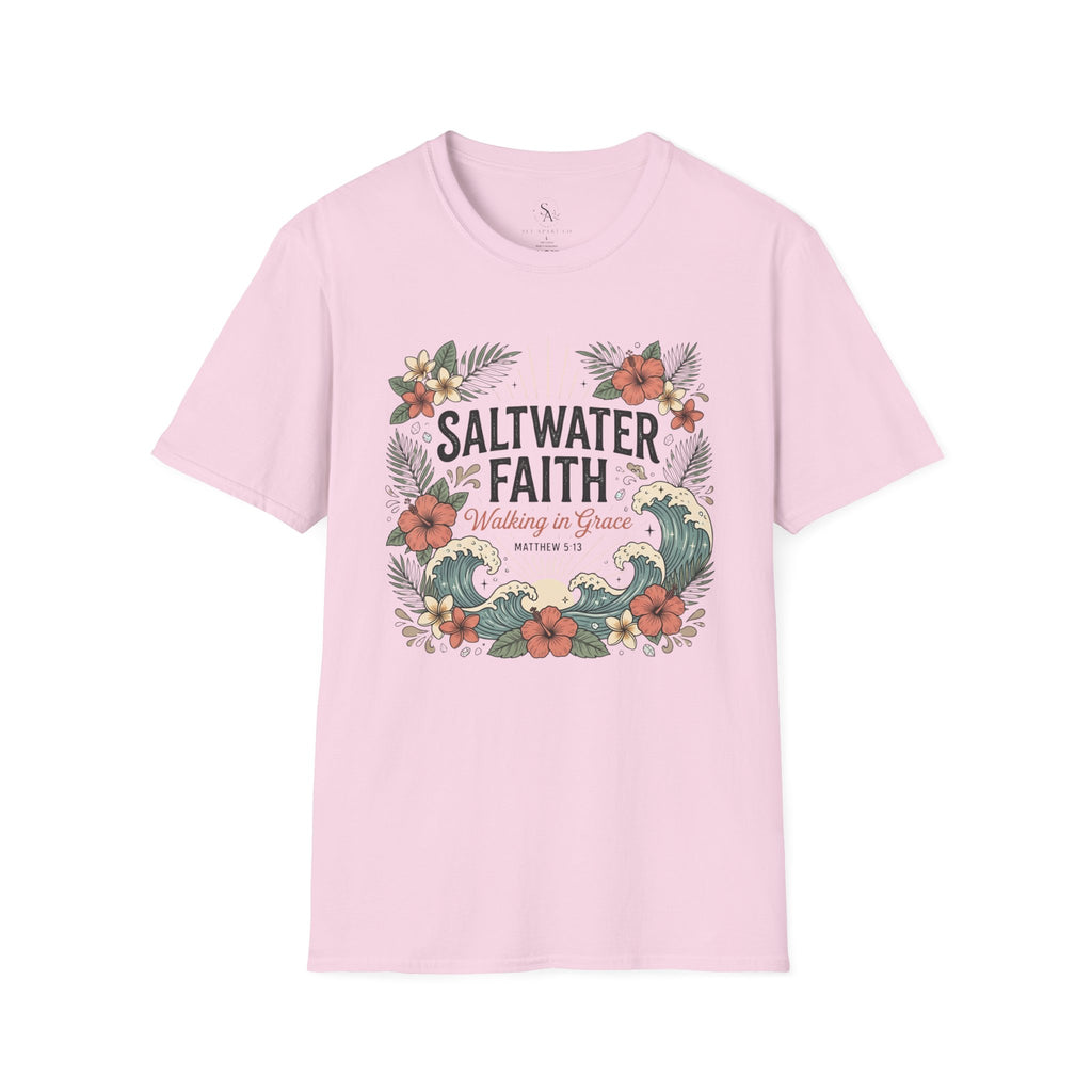 Saltwater Faith T-Shirt — Floral Coastal Christian Tee (Walking in Grace)