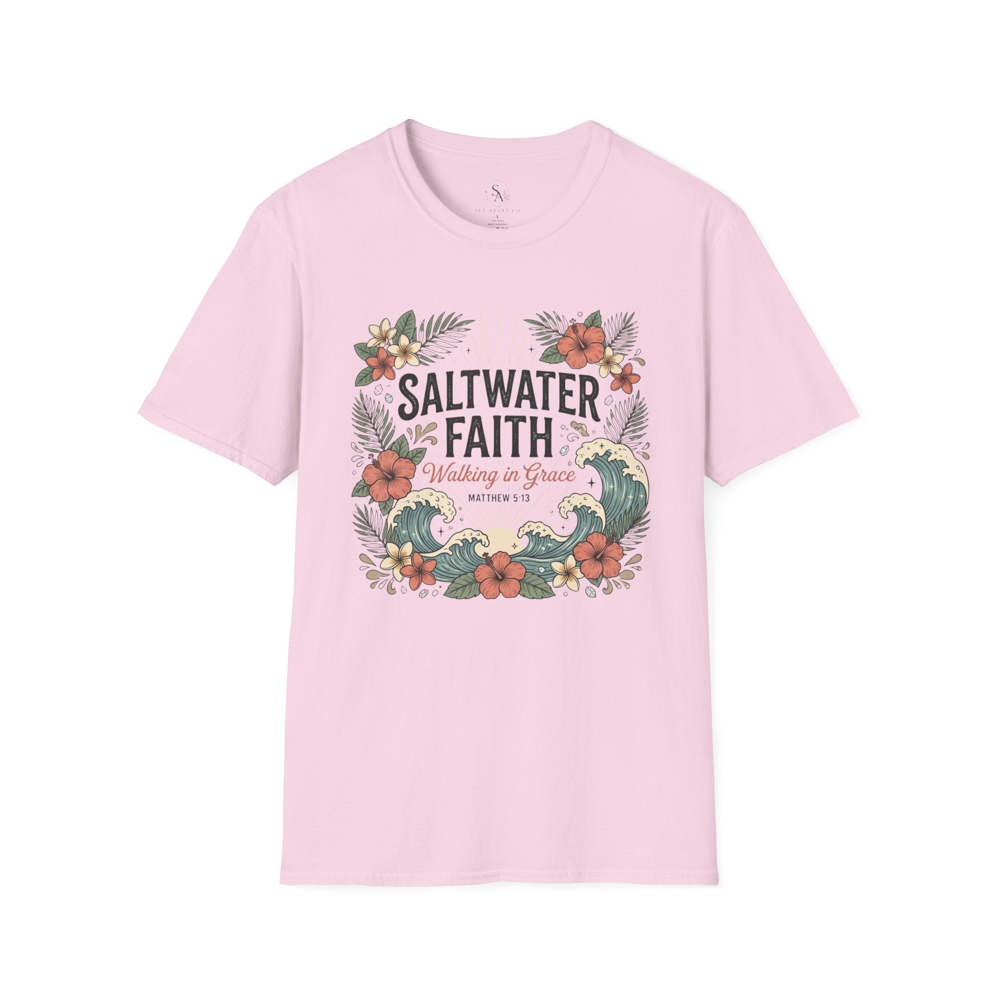 Saltwater Faith T-Shirt — Floral Coastal Christian Tee (Walking in Grace)