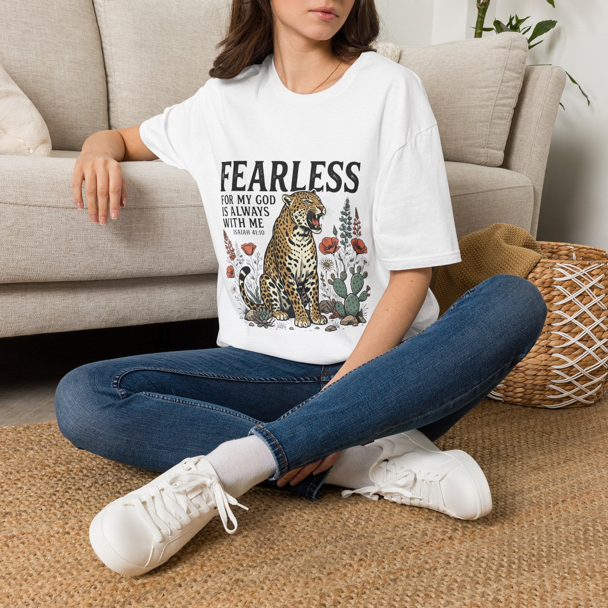 Fearless Leopard Christian T-Shirt — "Fearless for My God is Always With Me" (Isaiah 41:10)