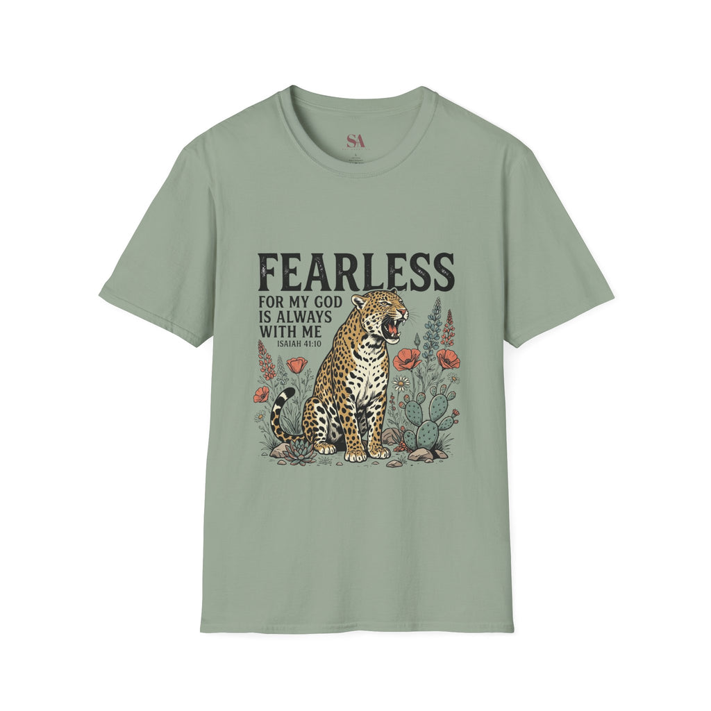 Fearless Leopard Christian T-Shirt — "Fearless for My God is Always With Me" (Isaiah 41:10)
