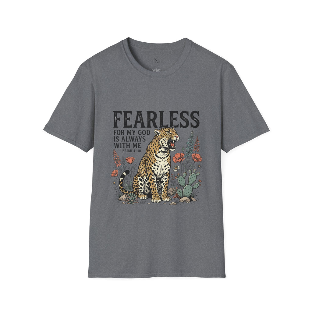Fearless Leopard Christian T-Shirt — "Fearless for My God is Always With Me" (Isaiah 41:10)