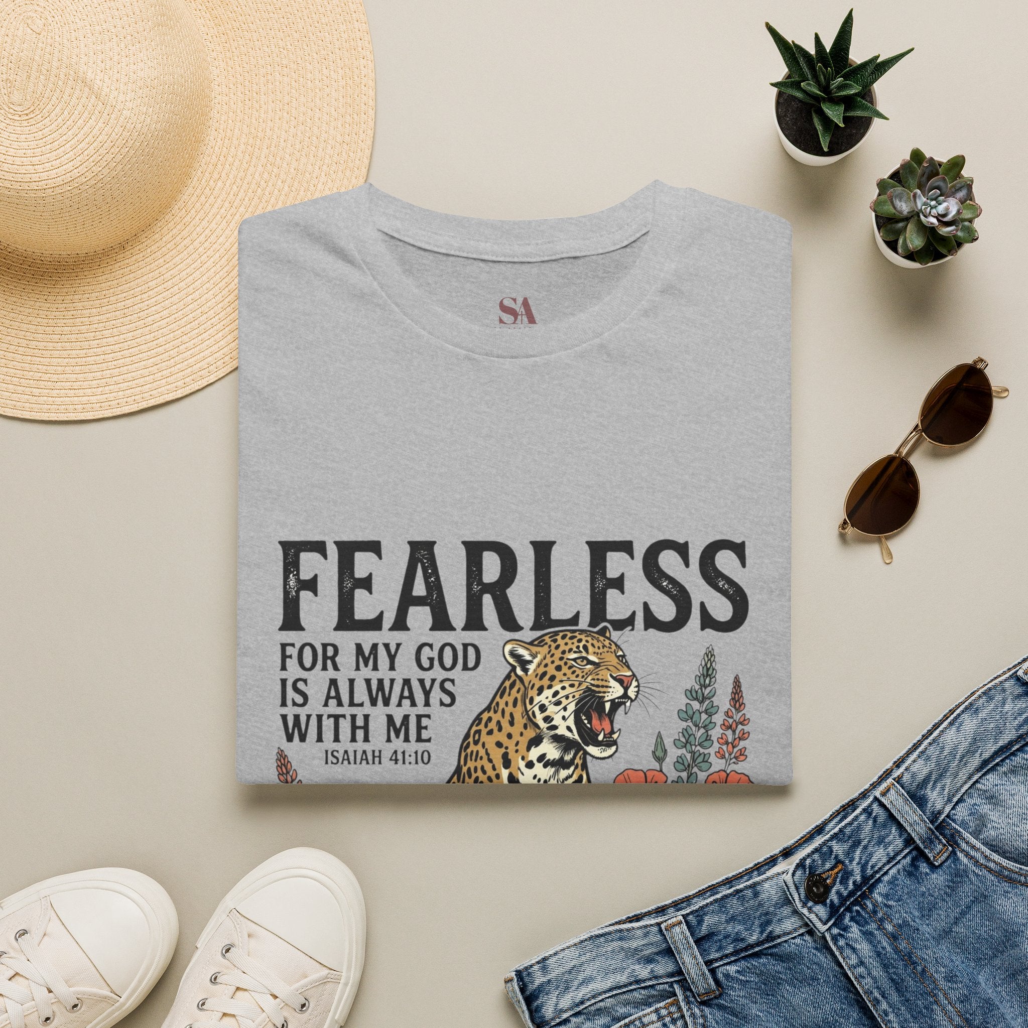 Fearless Leopard Christian T-Shirt — "Fearless for My God is Always With Me" (Isaiah 41:10)