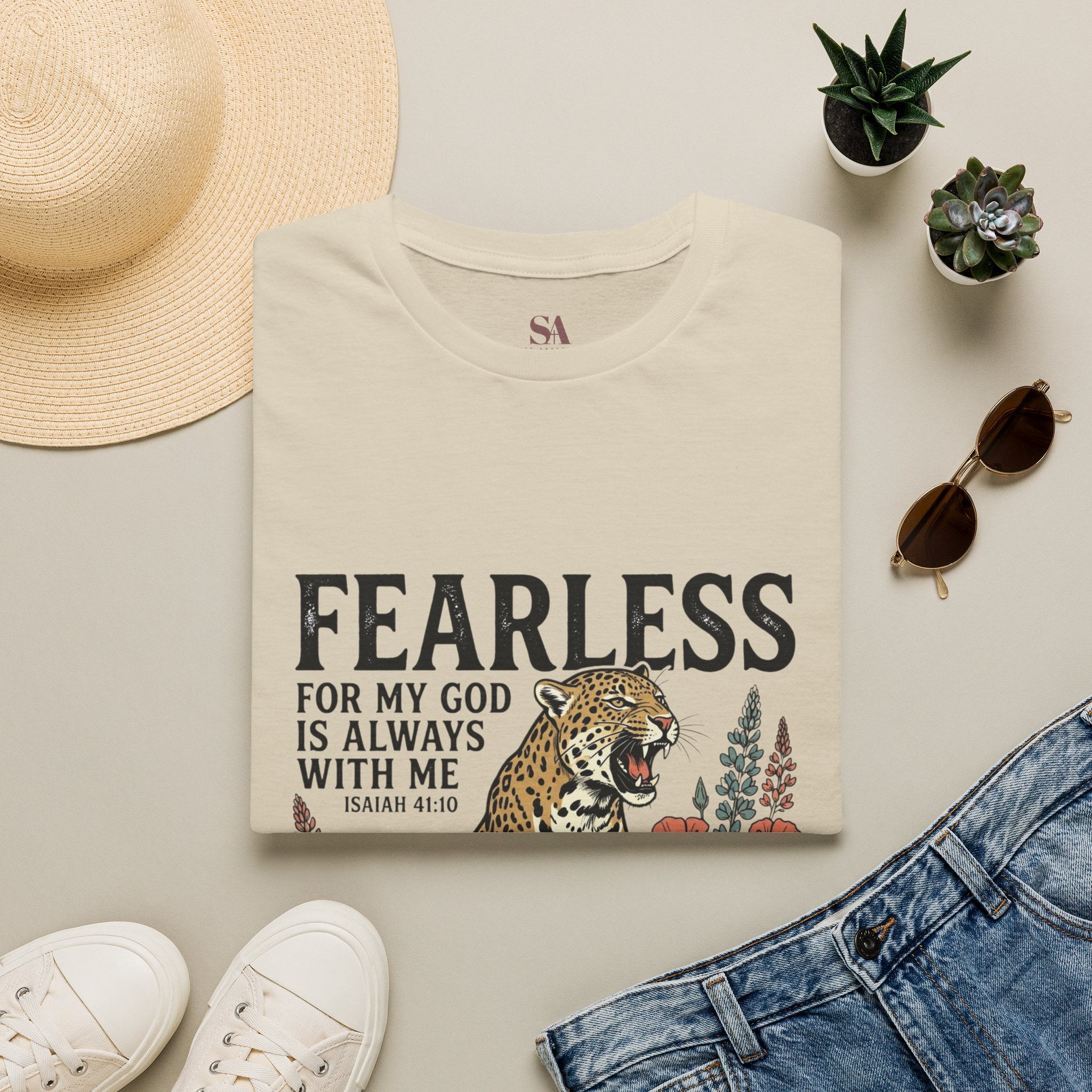 Fearless Leopard Christian T-Shirt — "Fearless for My God is Always With Me" (Isaiah 41:10)