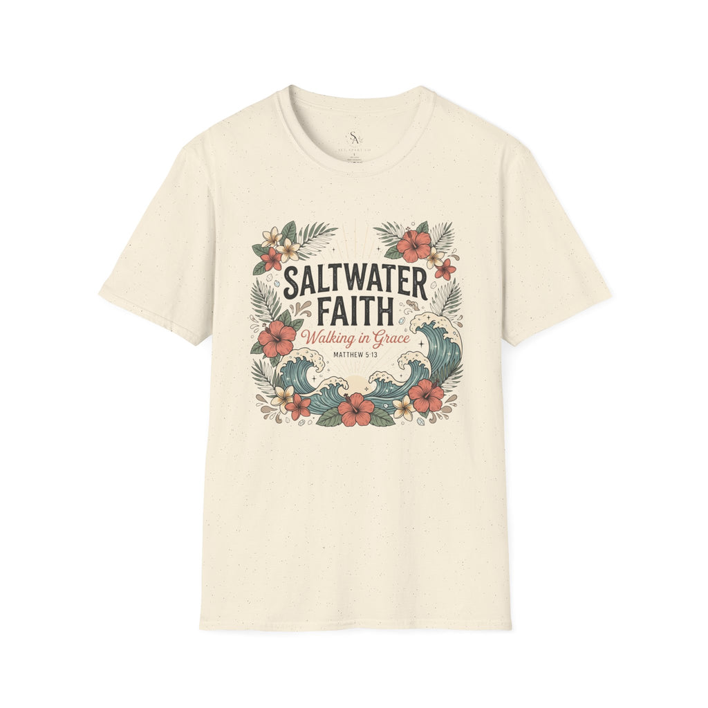 Saltwater Faith T-Shirt — Floral Coastal Christian Tee (Walking in Grace)