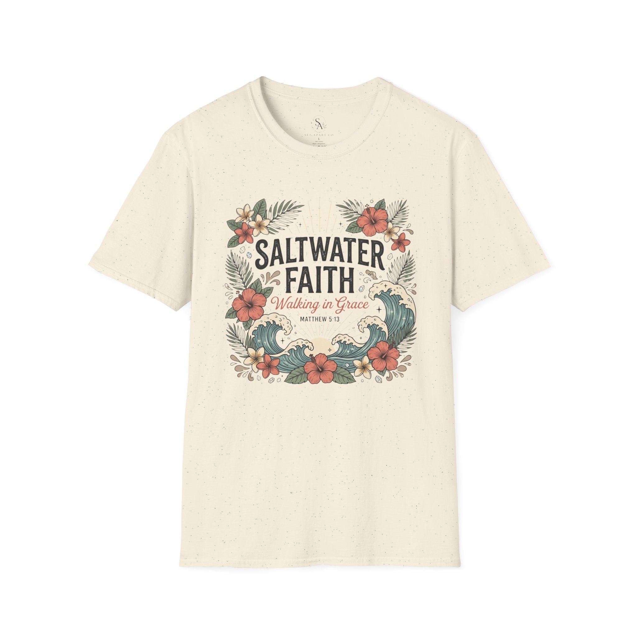 Saltwater Faith T-Shirt — Floral Coastal Christian Tee (Walking in Grace)