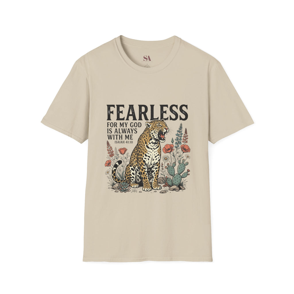 Fearless Leopard Christian T-Shirt — "Fearless for My God is Always With Me" (Isaiah 41:10)