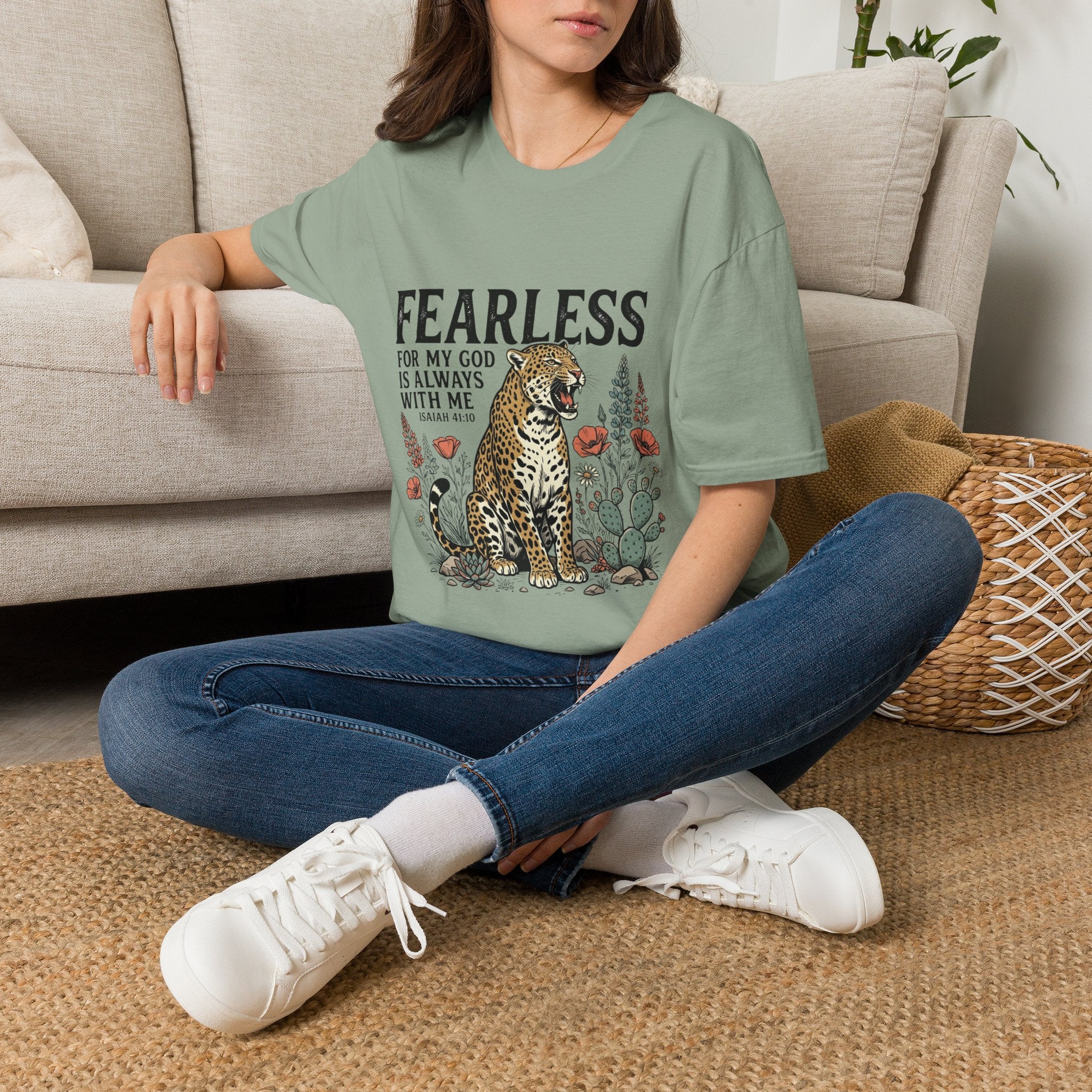 Fearless Leopard Christian T-Shirt — "Fearless for My God is Always With Me" (Isaiah 41:10)