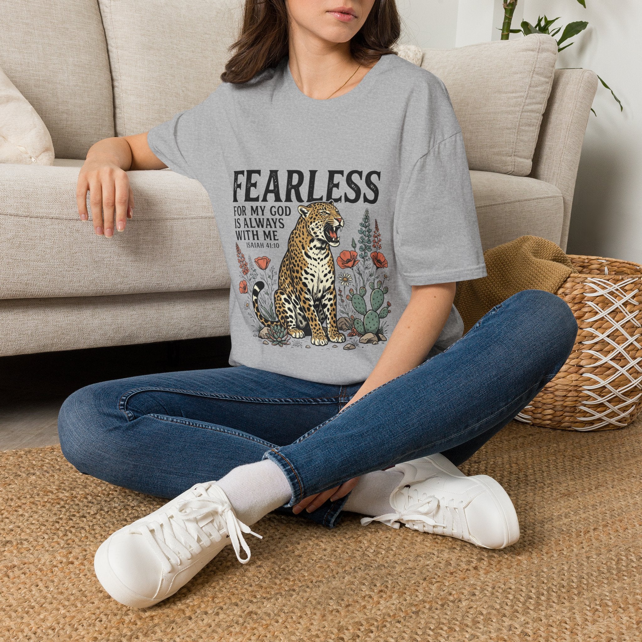 Fearless Leopard Christian T-Shirt — "Fearless for My God is Always With Me" (Isaiah 41:10)