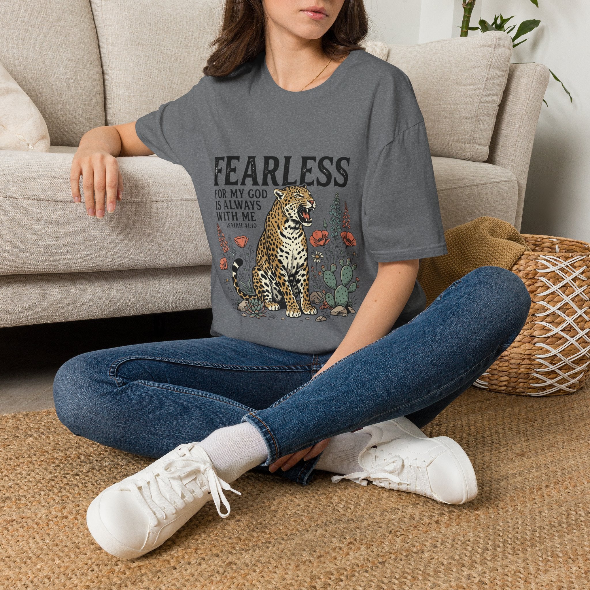 Fearless Leopard Christian T-Shirt — "Fearless for My God is Always With Me" (Isaiah 41:10)